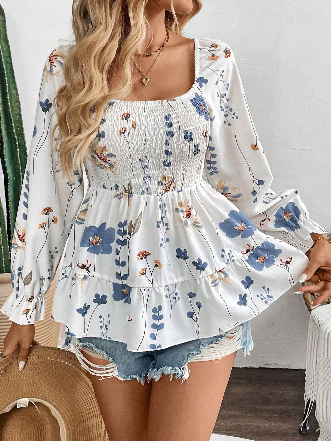Women's nan smoke top with square neckline, tiered ruffle and balloon sleeves Mune Fashion
