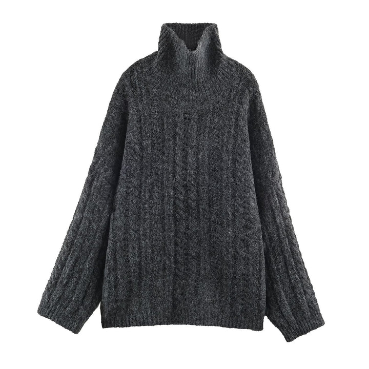 Women's Chunky Knit Oversized Sweater with High Turtleneck and Cable Pattern Mune Fashion