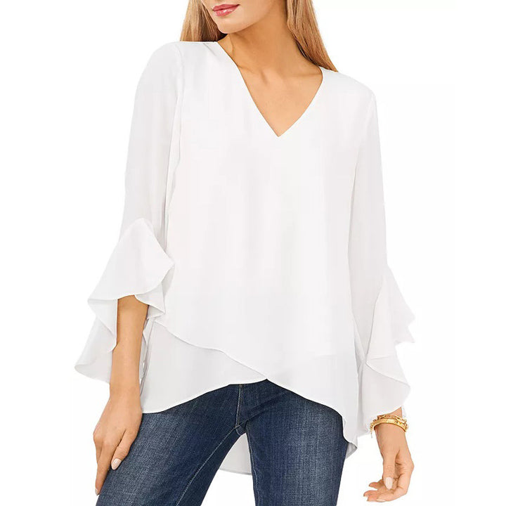 Women's chiffon blouse with V-neck, asymmetrical hem and ruffled sleeves Mune Fashion