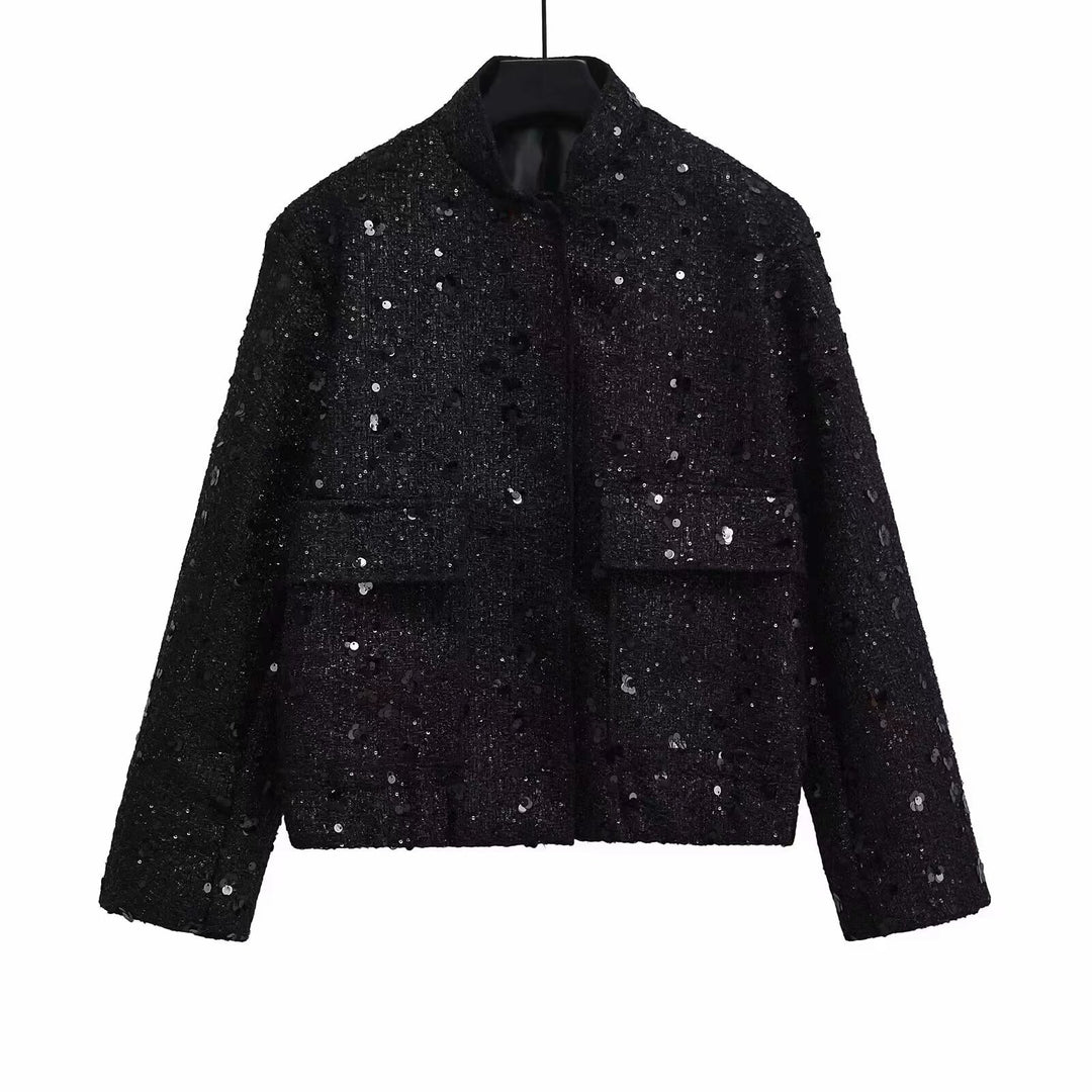 Women's structured bouclé jacket with stand-up collar, patch pockets, and elastic hem Mune Fashion