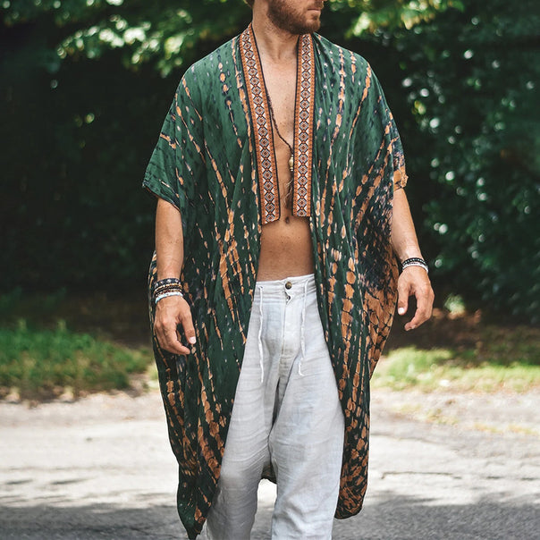 Men's Long Batik Kimono made of Lightweight Viscose with Ornamental Trim Mune Fashion