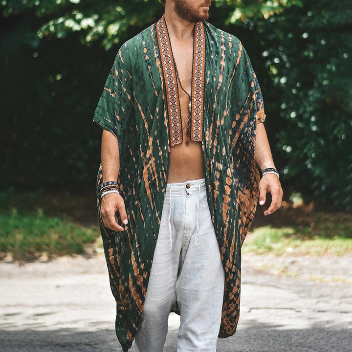 Men's Long Batik Kimono made of Lightweight Viscose with Ornamental Trim Mune Fashion