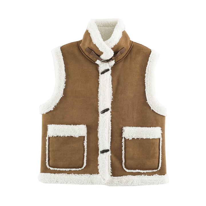 Women’s Sleeveless Sheepskin Look Vest with Stand-Up Collar and Toggle Fastenings Mune Fashion