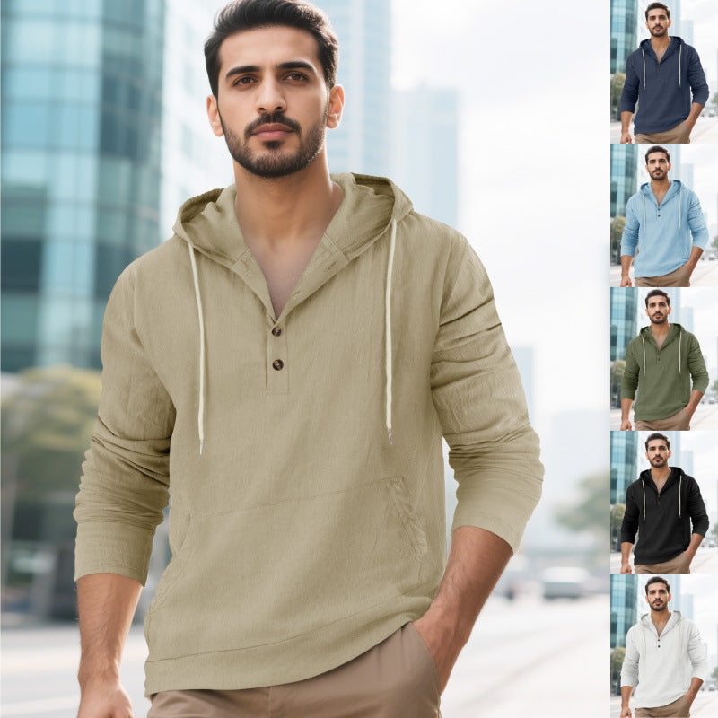 Men's Hoodie with Button Placket and Practical Pockets Mune