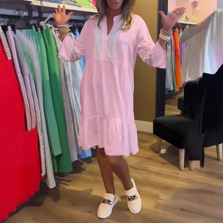Women’s loose babydoll tunic dress with lace insert, V-neck, stand-up collar, and tiered ruffle Mune Fashion