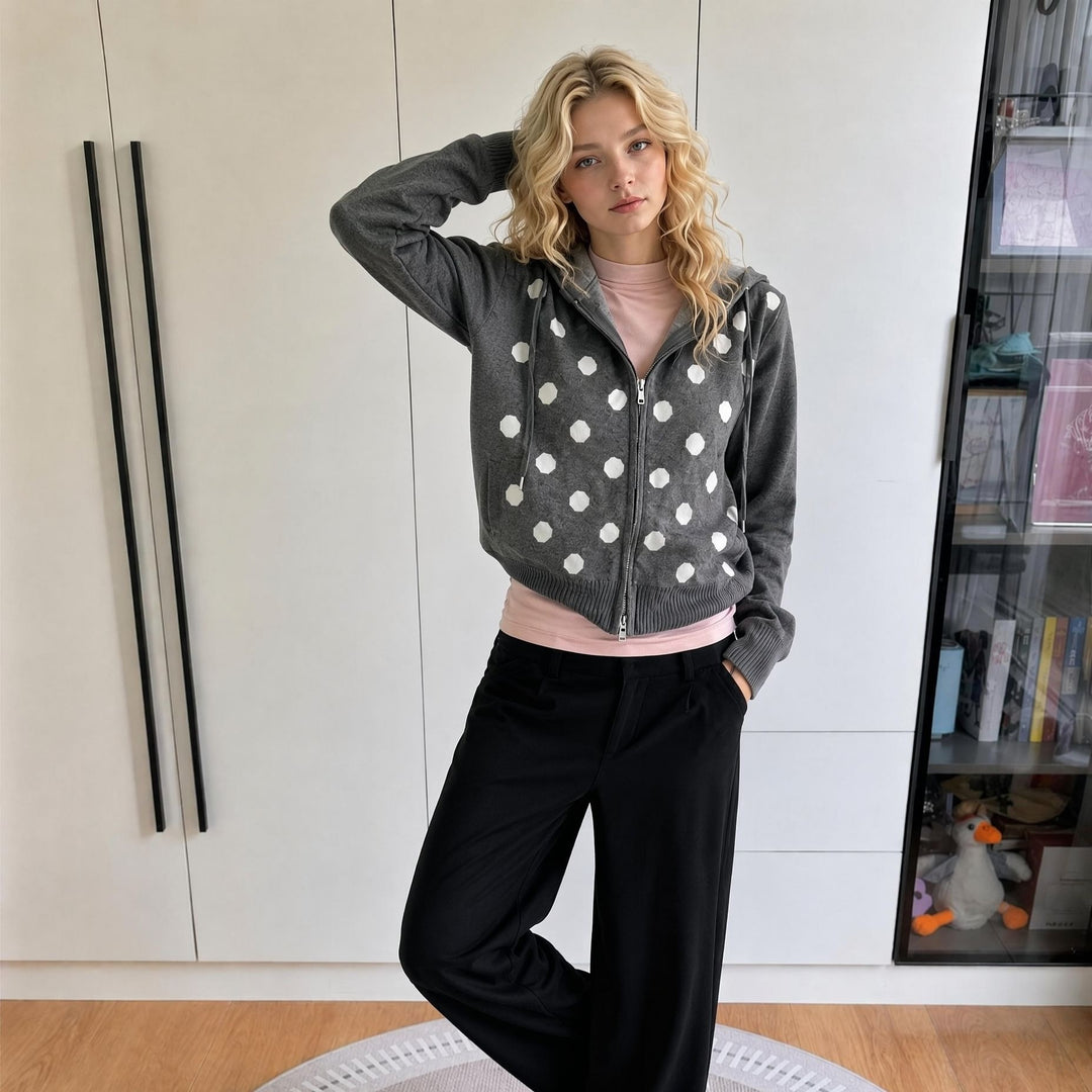 Women's zip-up hoodie, washed vintage look & discreet polka dot application Mune Fashion