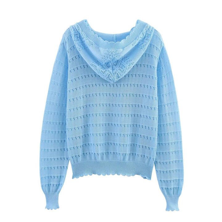 Women's hooded knitted pullover with openwork pattern, drawstring, and balloon sleeves Mune Fashion