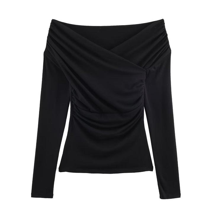 Women Off-Shoulder Gathered Long Sleeve Top with Wrap Draping Mune Fashion