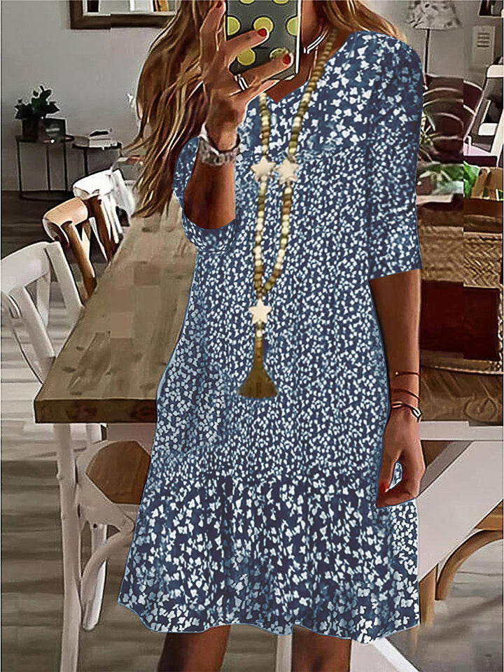 Women Casual Midi Dress with Ruffle Hem, Three-Quarter Sleeves and Floral Print Mune Fashion