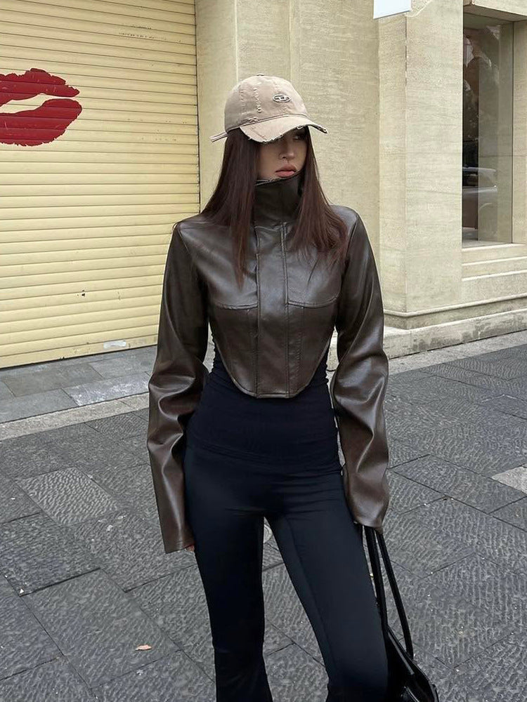 Women Cropped Faux Leather Corset Jacket with High Standing Collar and Extended Sleeves Mune Fashion