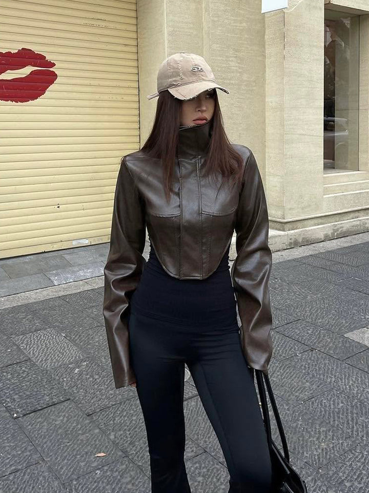 Women Cropped Faux Leather Corset Jacket with High Standing Collar and Extended Sleeves Mune Fashion