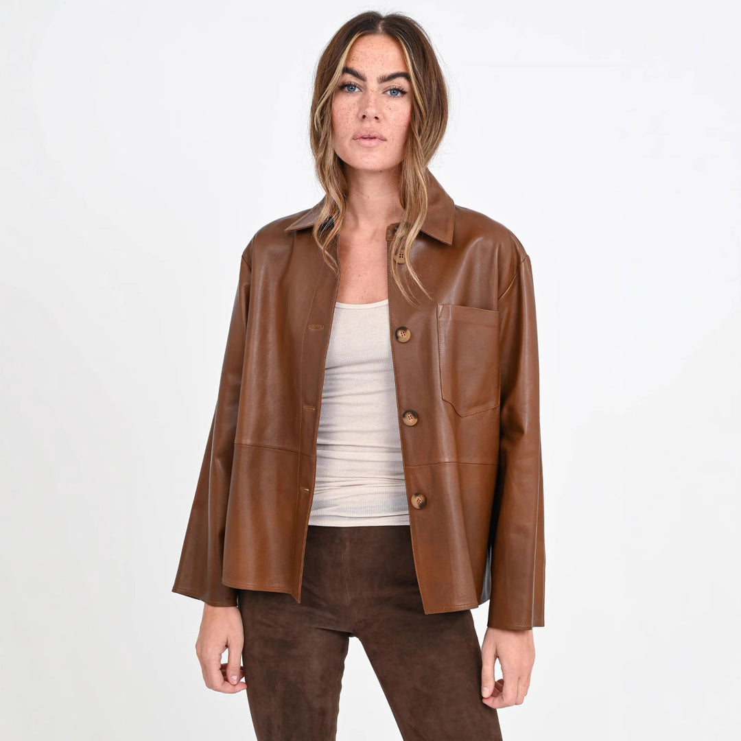 Women's Overshirt Jacket in Leather Look with Attached Breast Pocket and Concealed Button Placket Mune Fashion