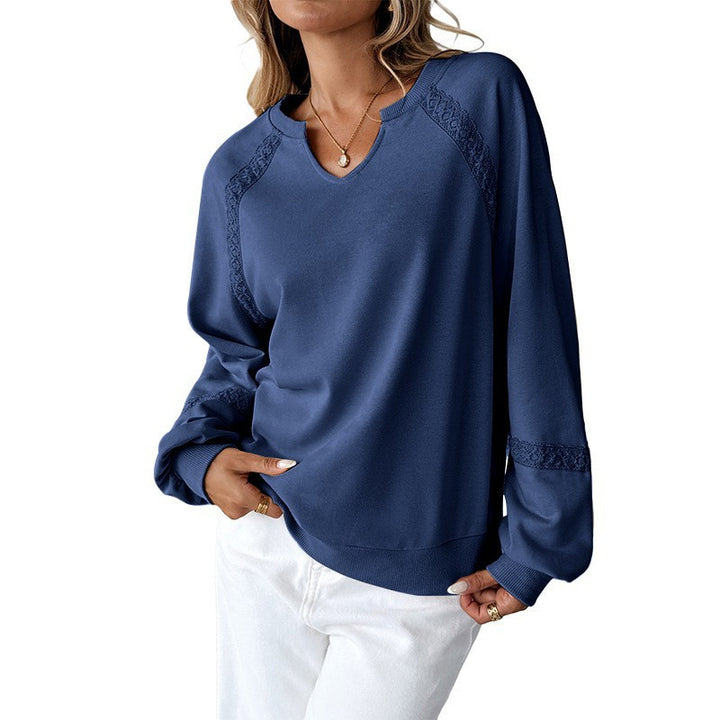Women's Casual Sweatshirt with V-Notch, Lace Inserts and Balloon Sleeves Mune Fashion