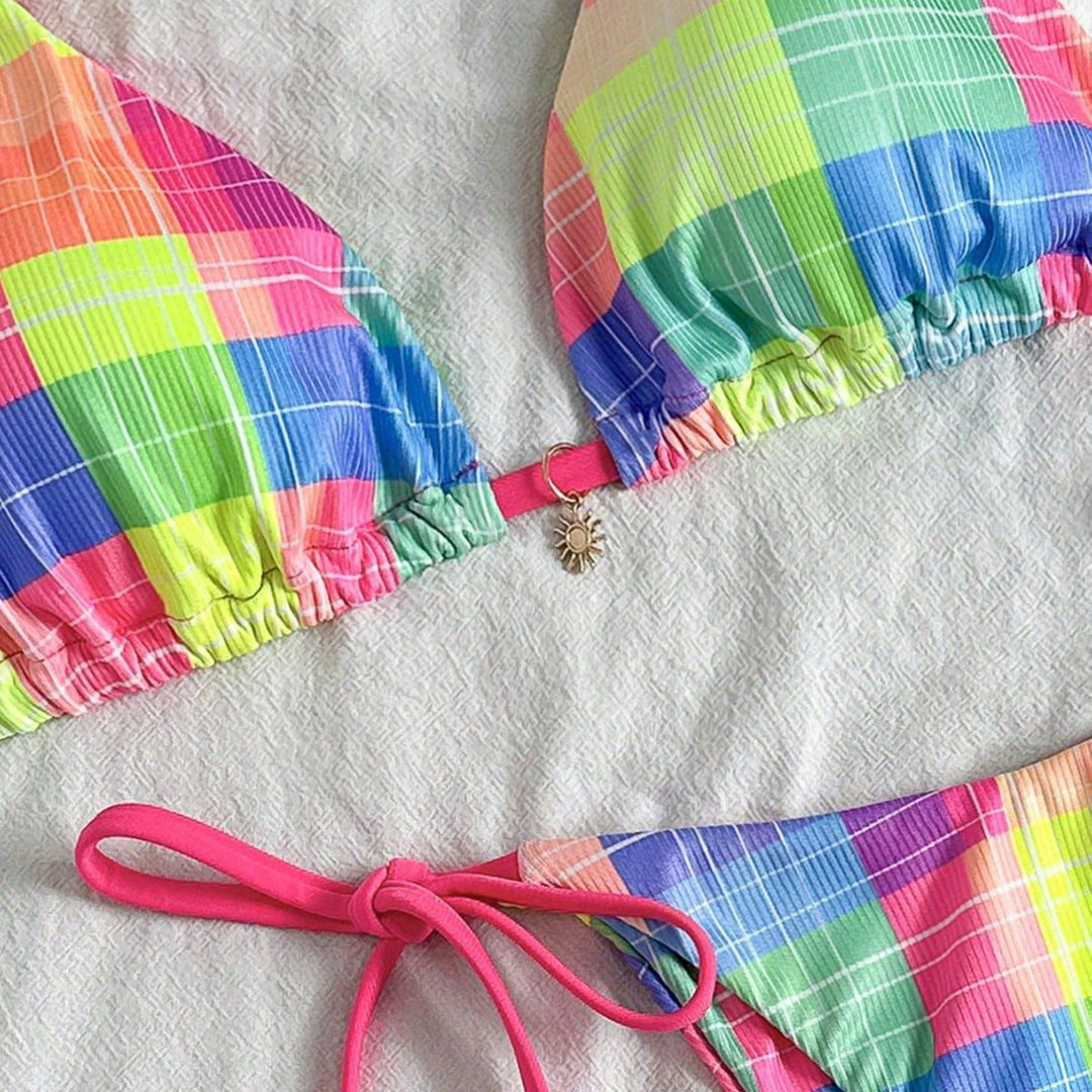 Women Multicolored Checkered Triangle Bikini with Side Ties Mune Fashion