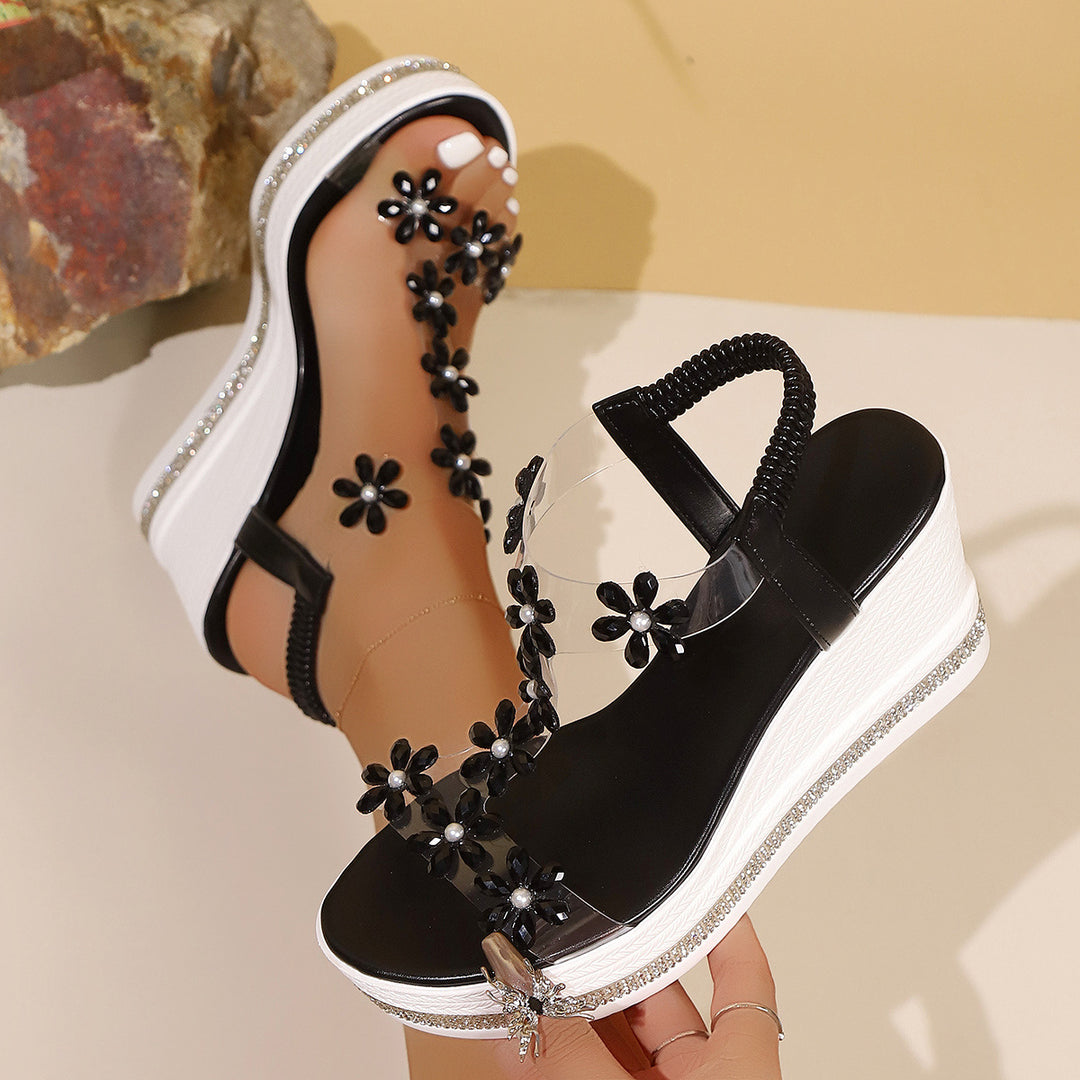 Ladies' platform sandals with transparent PVC strap and floral application Mune Fashion