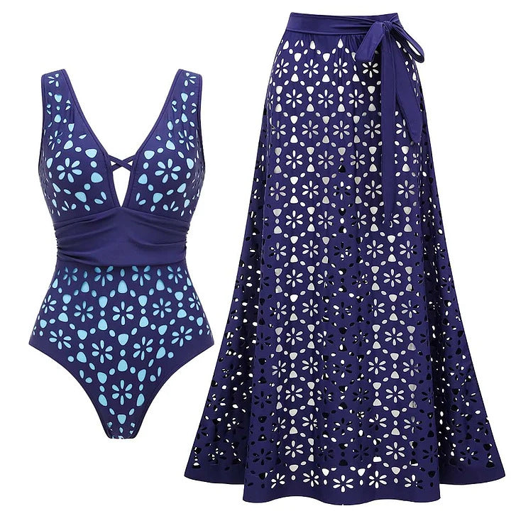 Women's Swimsuit and Skirt with Floral Cutouts Mune Fashion