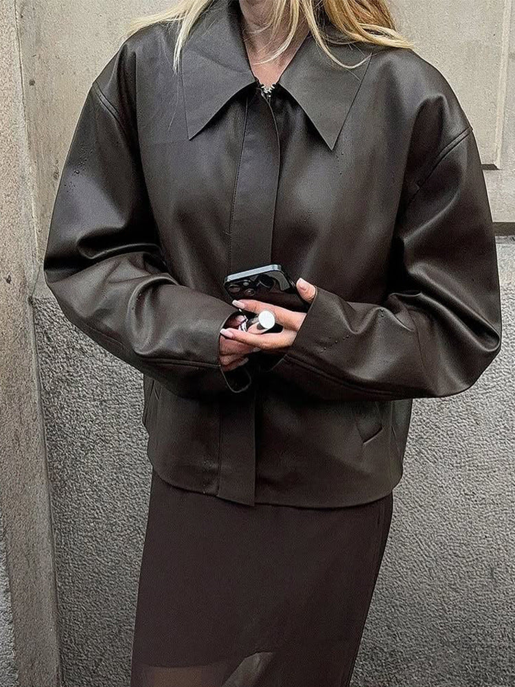 Ladies Cropped Boxy Jacket made of faux leather with oversized collar and concealed zipper placket Mune Fashion
