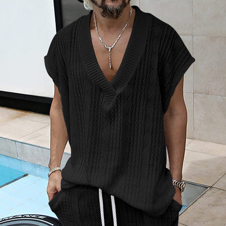 Men's knitted top made of coarse knit with deep V-neck and textured pattern Mune Fashion