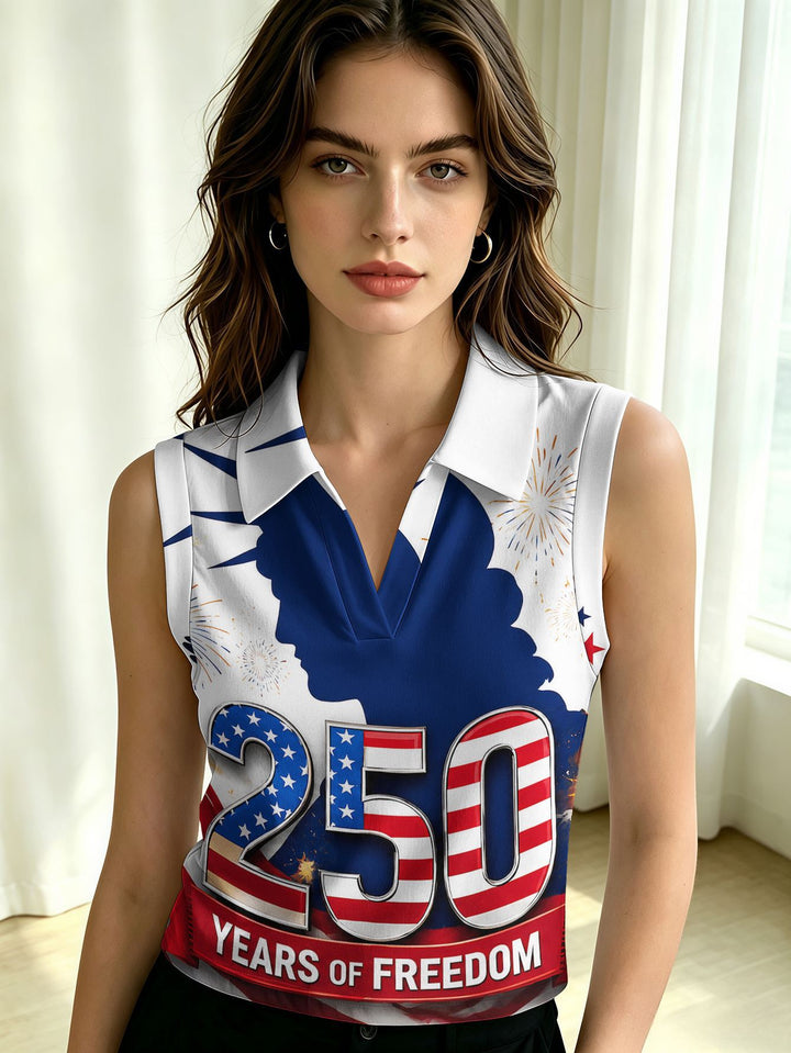 Women's sleeveless polo shirt crop top with V-neck, classic collar, and patriotic print Mune Fashion
