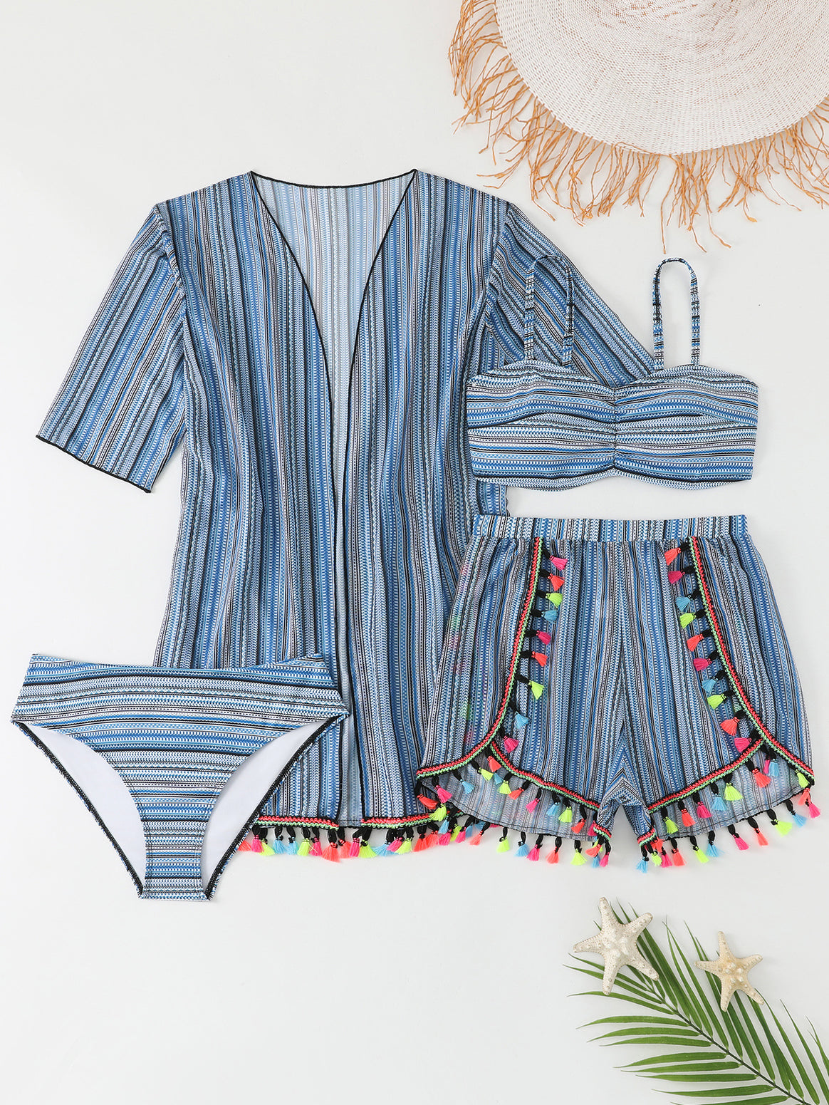 Women's bikini set with trendy beach kimono and colorful tassels Mune Fashion
