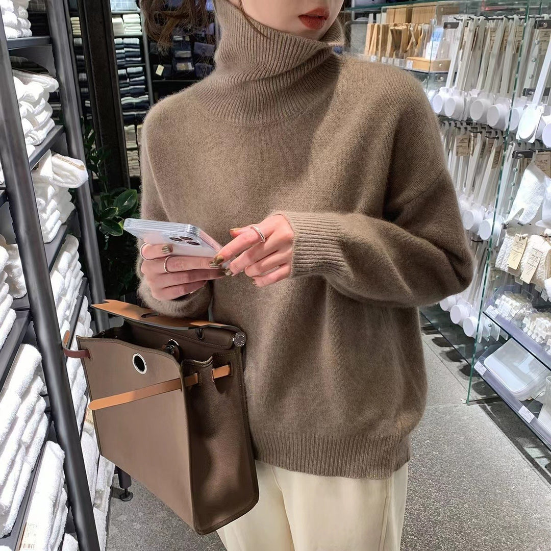 Women's Oversized Fine Knit Sweater with High Roll Neck and Side Slits Mune Fashion