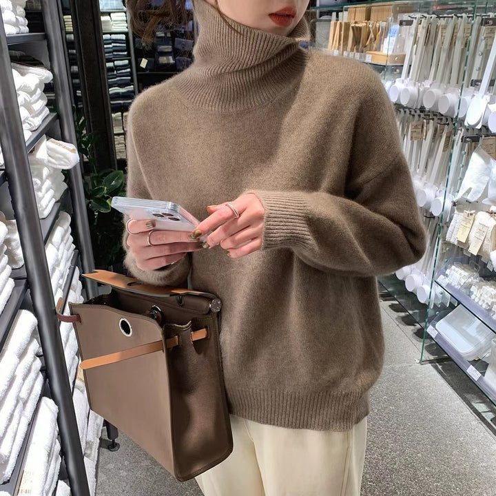 Women's Oversized Fine Knit Sweater with High Roll Neck and Side Slits Mune Fashion