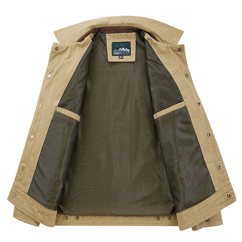 Men's robust canvas field jacket with breathable mesh lining, snap button placket, and patch chest pocket Mune Fashion