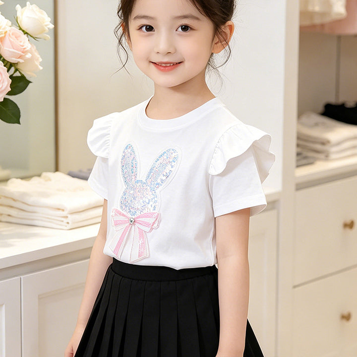 Girls' T-shirt with sparkling rabbit motif and ruffle details Mune Fashion