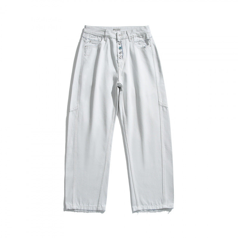 Women's Wide High-Waist Cropped Jeans with Visible Button Placket, Raw Hem and Utility Seams Mune Fashion