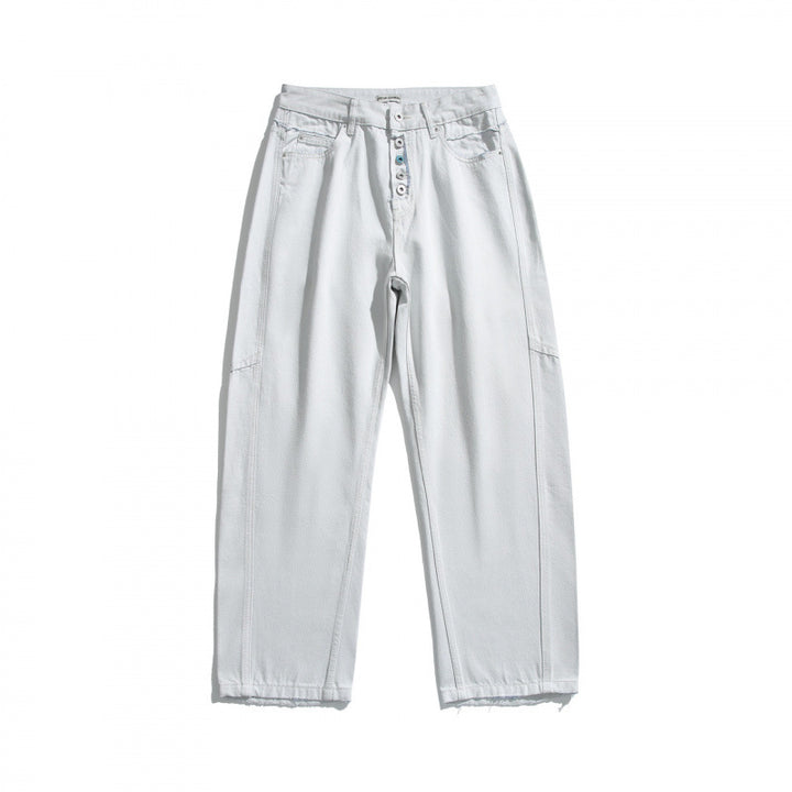 Women's Wide High-Waist Cropped Jeans with Visible Button Placket, Raw Hem and Utility Seams Mune Fashion