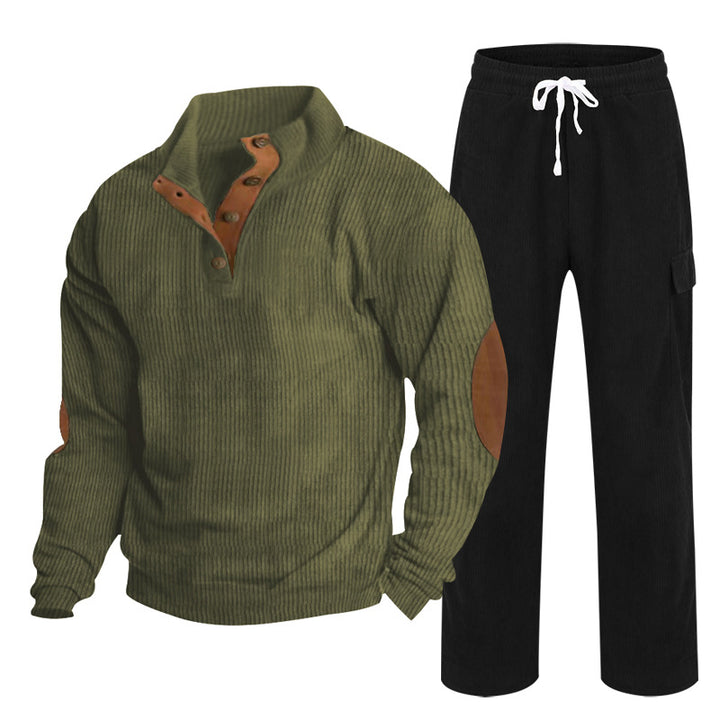 Men's Cozy Leisure Set made of Waffle Knit Henley with Elbow Patch and Relax Cargo Pants Mune Fashion