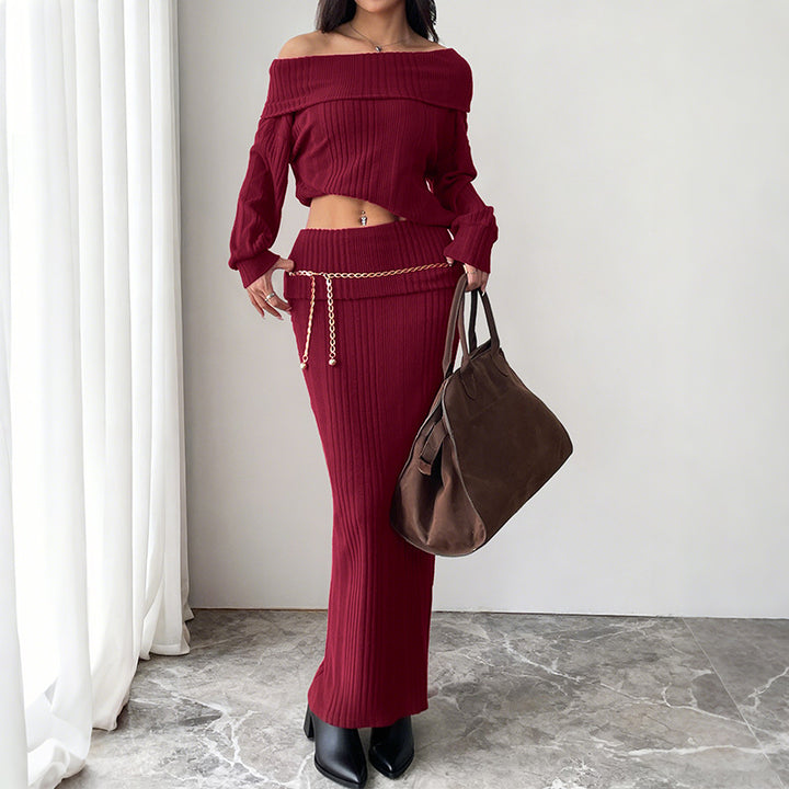 Women's Off-Shoulder Rib Knit Set with Off-Shoulder Top and Form-Fitting Maxi Skirt Mune Fashion