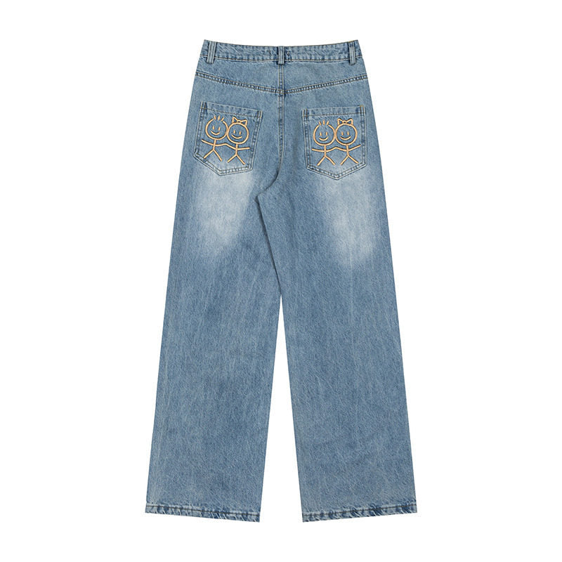 Women's wide high-waist jeans with straight, wide legs and embroidery on back pockets Mune Fashion