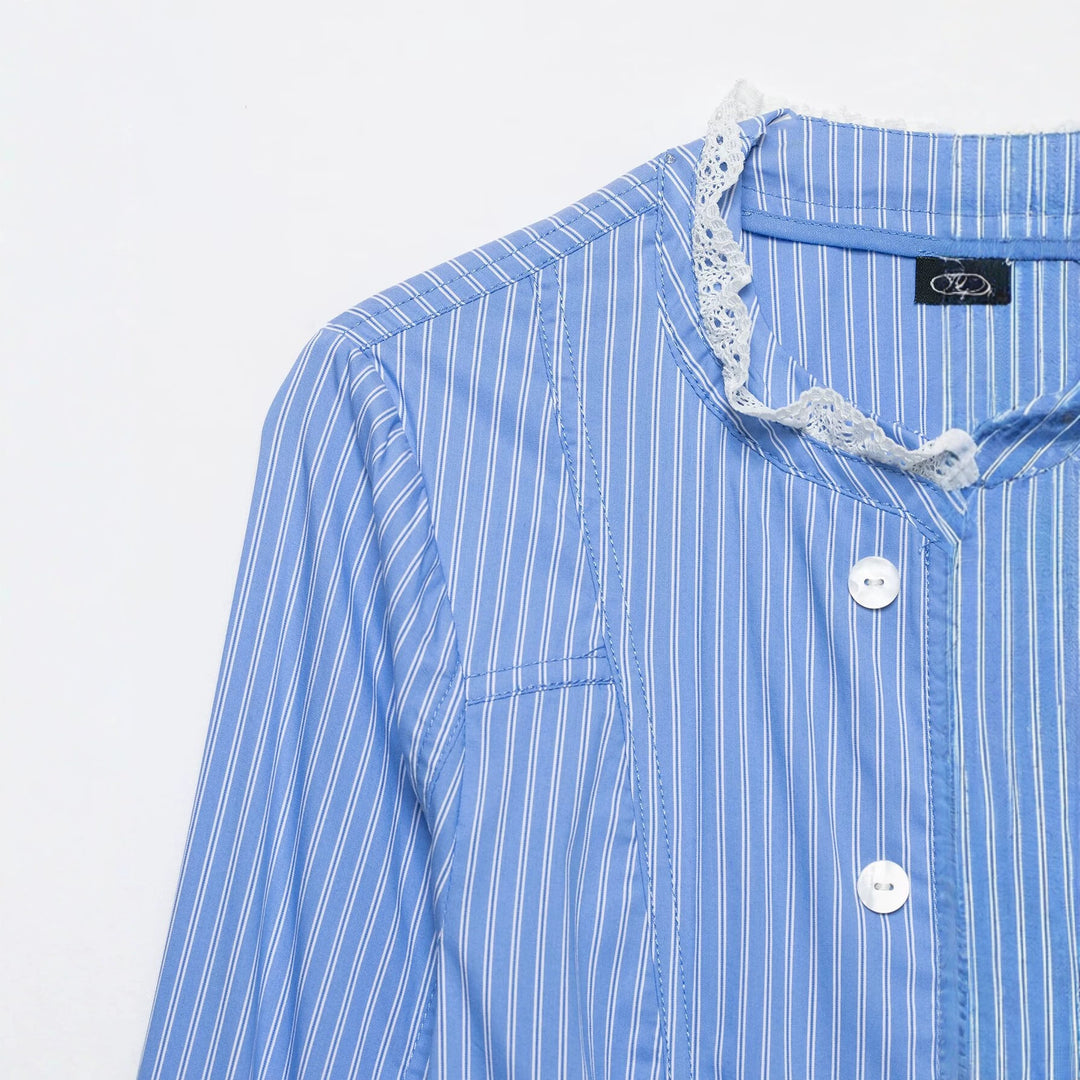 Women's Striped Cropped Blouse Jacket with Lace Trim and Stand-Up Collar Drune