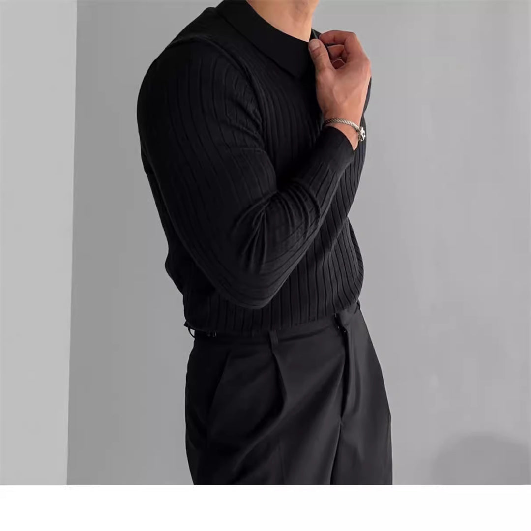 Men's fitted ribbed polo sweater with open V-neck and slim fit Mune Fashion