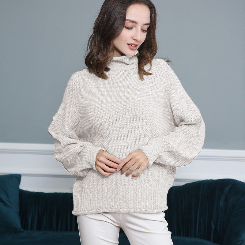 Women's Chunky Knit Turtleneck Sweater with Balloon Sleeves Mune Fashion