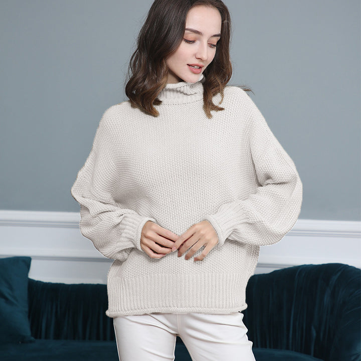 Women's Chunky Knit Turtleneck Sweater with Balloon Sleeves Mune Fashion