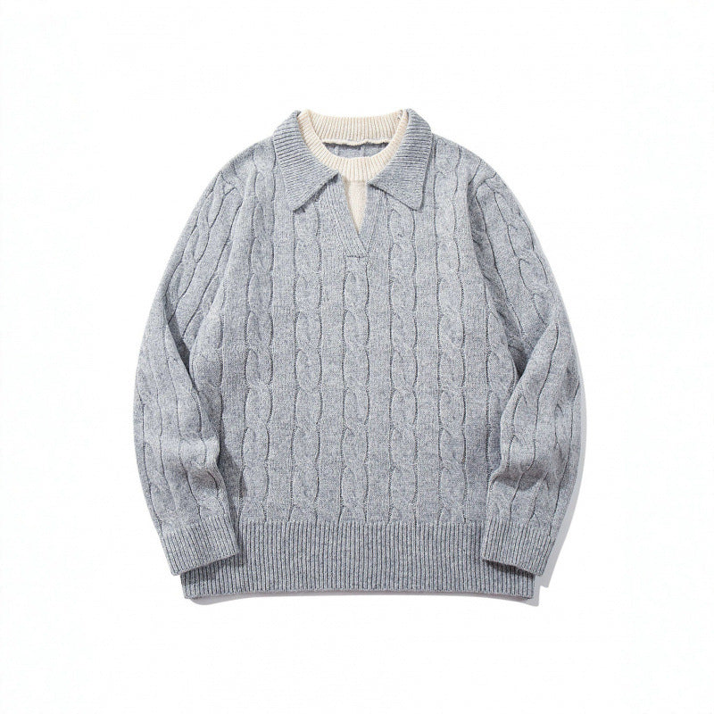 Men's chunky knit cable pattern sweater with polo collar and V-neck Mune Fashion