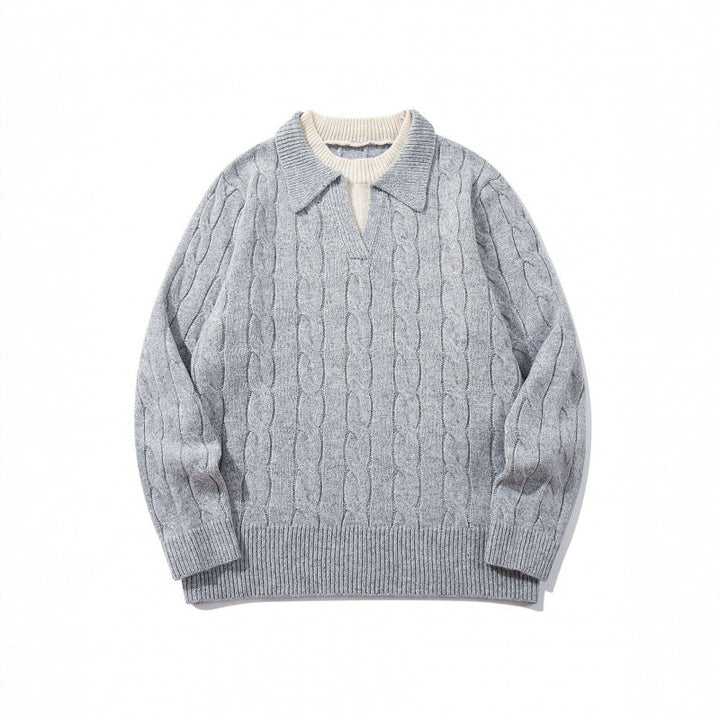 Men's chunky knit cable pattern sweater with polo collar and V-neck Mune Fashion