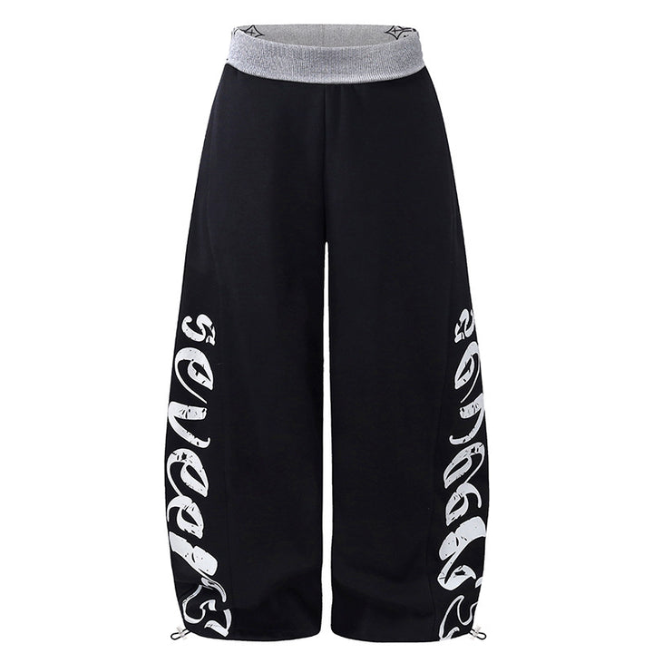 Women's Wide Palazzo Jogging Pants with High Comfort Waistband, Side Text Print and Adjustable Hem Mune Fashion