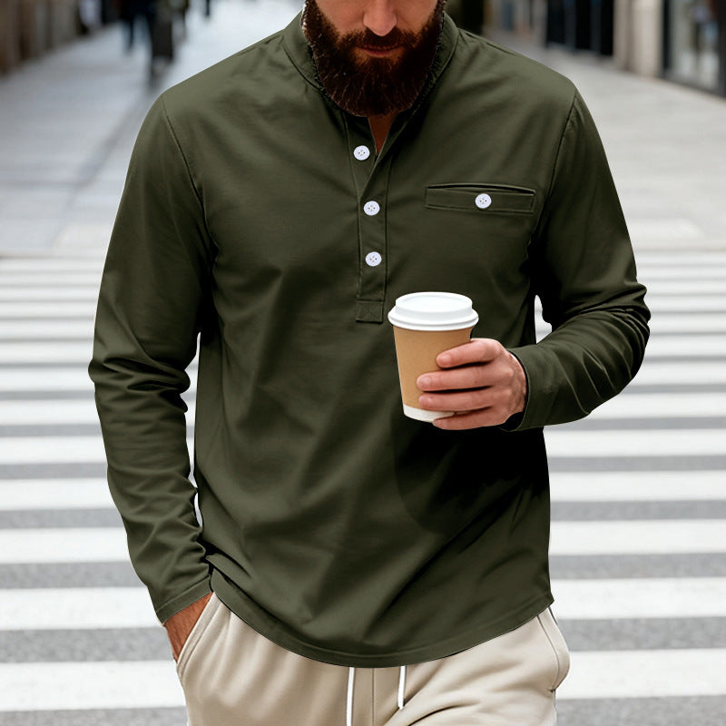 Men's long-sleeved Henley shirt with stand-up collar, breast pocket, and decorative button placket Mune Fashion
