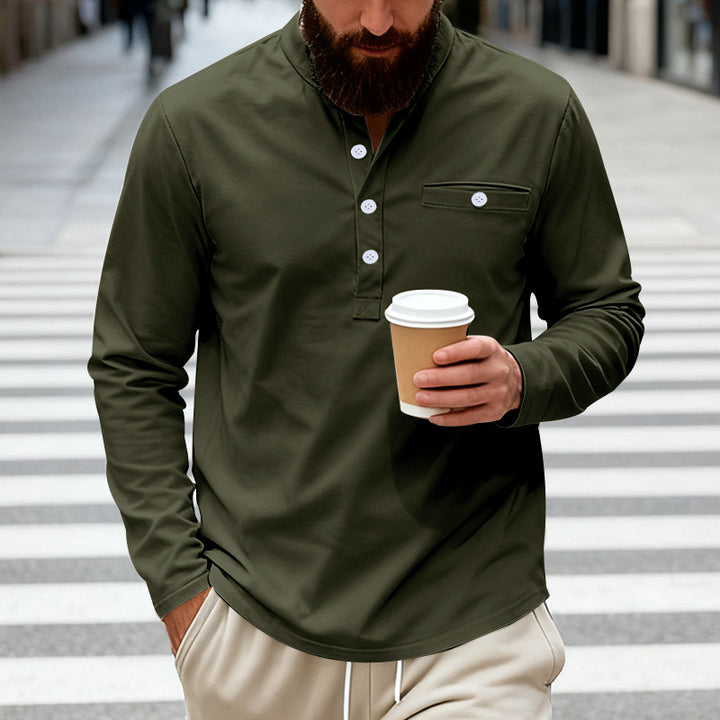 Men's long-sleeved Henley shirt with stand-up collar, breast pocket, and decorative button placket Mune Fashion