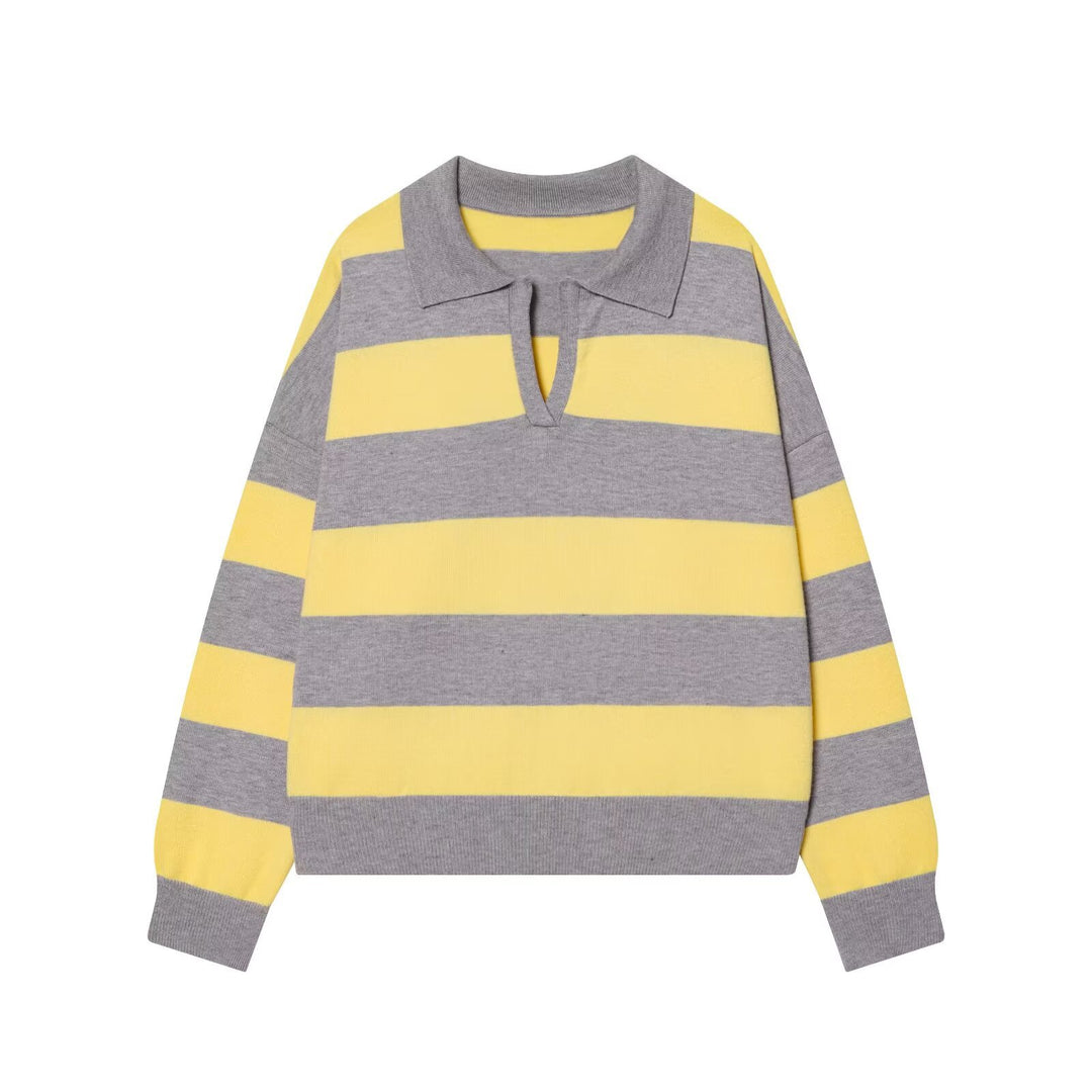 Women Oversize Cropped Rugby Sweater with Polo Collar and V-Neck Mune Fashion