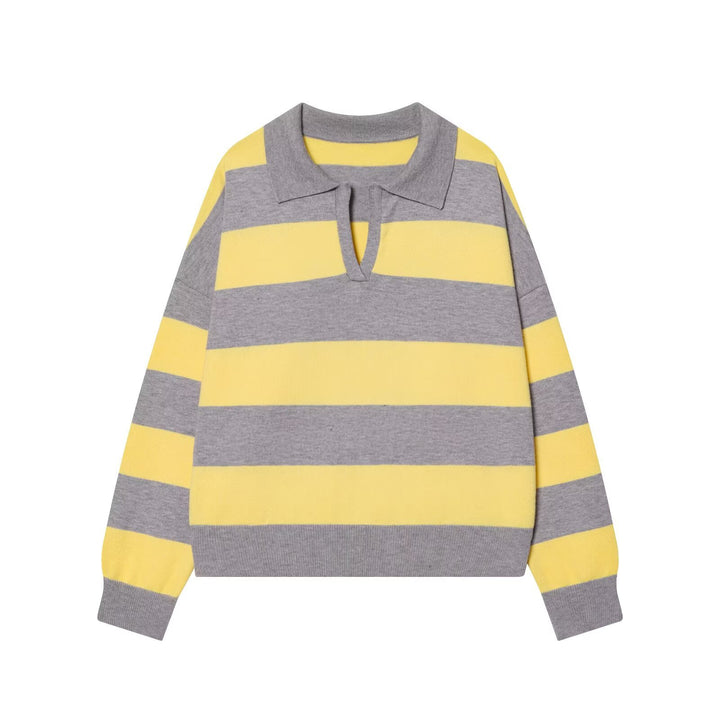 Women Oversize Cropped Rugby Sweater with Polo Collar and V-Neck Mune Fashion