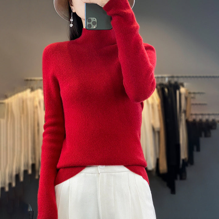 Women's Premium Fine Knit Mock Neck Sweater with Extra Long Sleeve Cuffs and Fine Ribbed Texture Mune Fashion