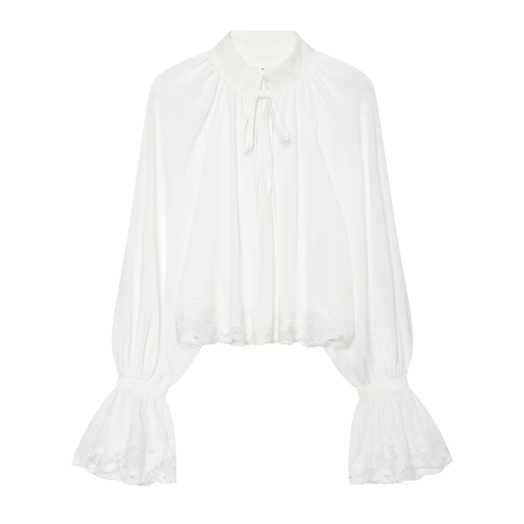 Women's Transparent Blouse with Stand Collar, Ruffle Sleeves and Lace Trim Mune Fashion