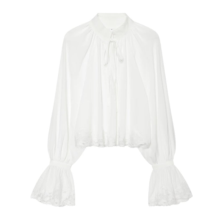 Women's Transparent Blouse with Stand Collar, Ruffle Sleeves and Lace Trim Mune Fashion