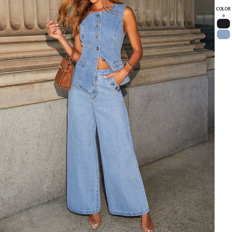 Women's loosely cut high-waisted denim pants with side button placket and wide leg Mune Fashion