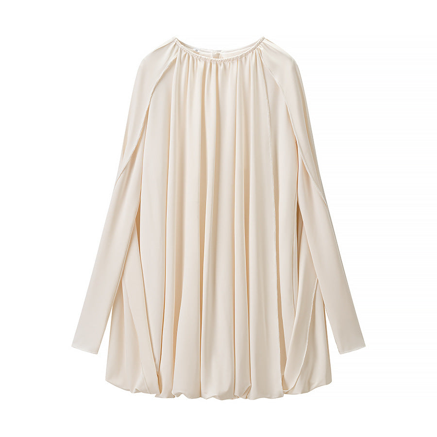 Women Pleated Cocktail Mini Dress with Long Fitted Sleeves and Ballooned Hem Mune Fashion