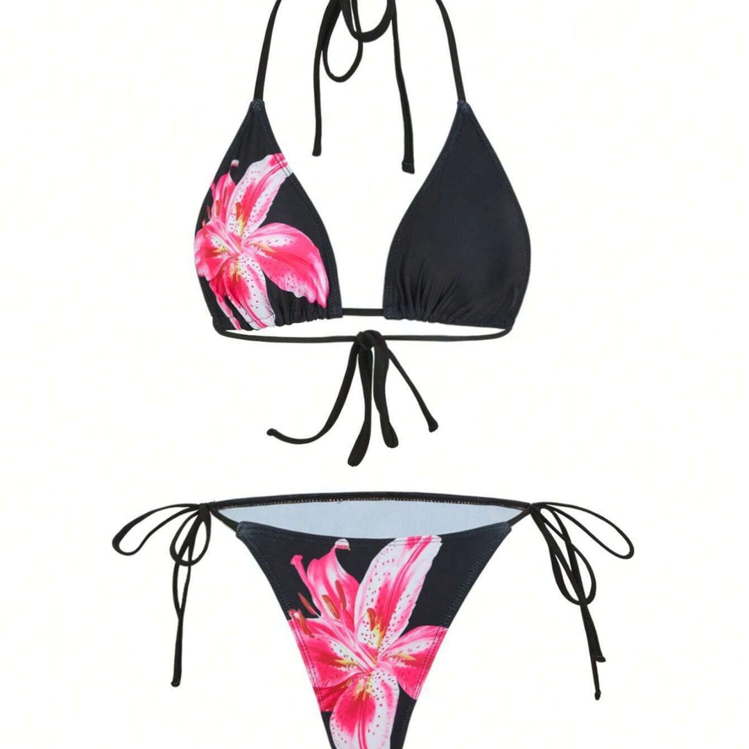 Women's triangle bikini set with floral patterns and transparent maxi skirt Mune Fashion